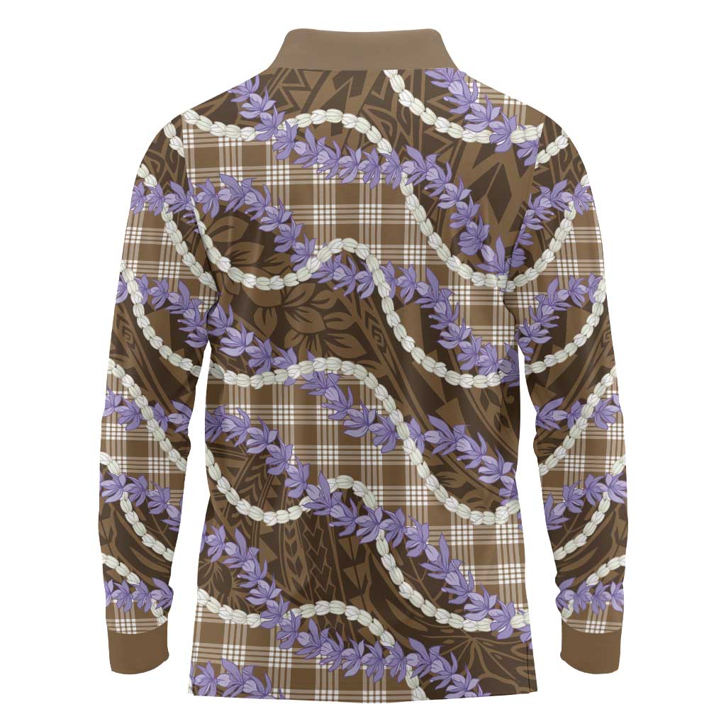 Brown Hawaii Palaka Honohono Pikake Long Sleeve Polo Shirt Hawaiian Orchid Lei Polynesian Pattern - Polynesian Pride