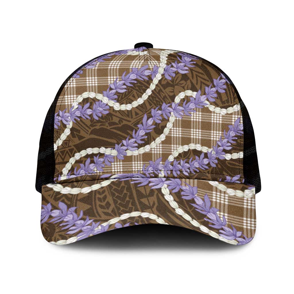 Brown Hawaii Palaka Honohono Pikake Mesh Trucker Cap Hawaiian Orchid Lei Polynesian Pattern - Polynesian Pride