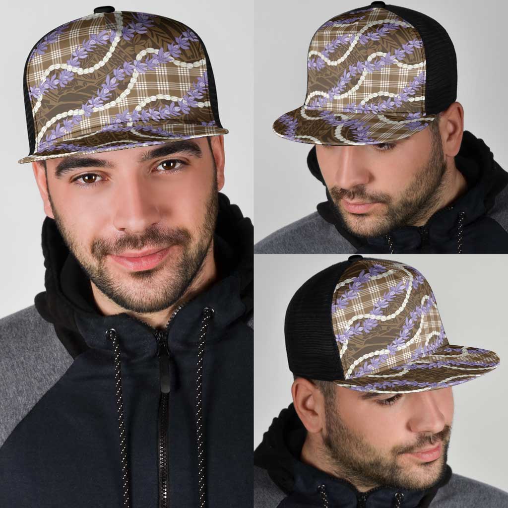Brown Hawaii Palaka Honohono Pikake Mesh Trucker Cap Hawaiian Orchid Lei Polynesian Pattern - Polynesian Pride