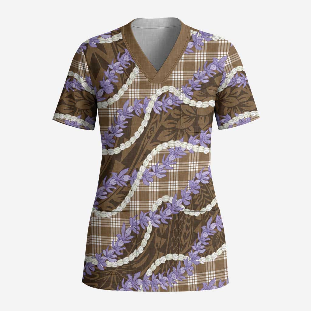 Brown Hawaii Palaka Honohono Pikake Scrub Top Hawaiian Orchid Lei Polynesian Pattern LT14 Adult Brown - Polynesian Pride
