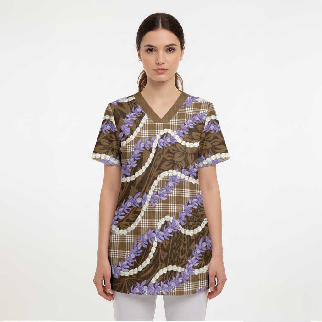 Brown Hawaii Palaka Honohono Pikake Scrub Top Hawaiian Orchid Lei Polynesian Pattern - Polynesian Pride