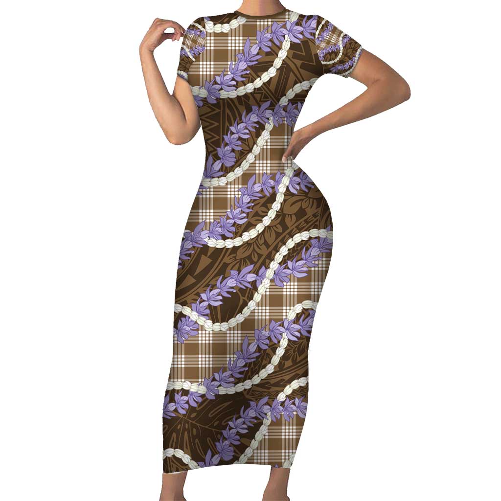 Brown Hawaii Palaka Honohono Pikake Short Sleeve Bodycon Dress Hawaiian Orchid Lei Polynesian Pattern - Polynesian Pride