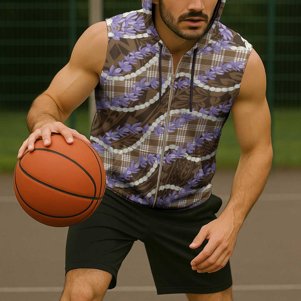 Brown Hawaii Palaka Honohono Pikake Sleeveless Zip Hoodie Hawaiian Orchid Lei Polynesian Pattern - Polynesian Pride