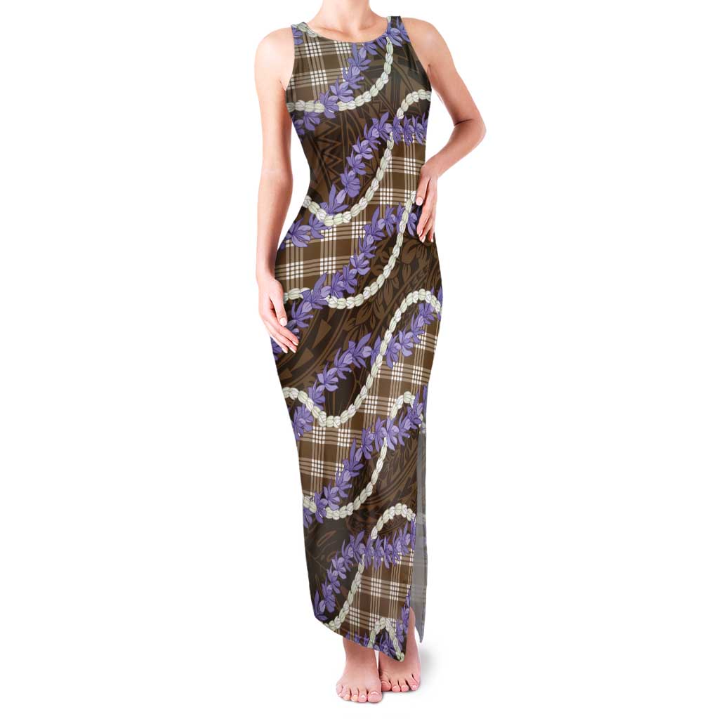 Brown Hawaii Palaka Honohono Pikake Tank Maxi Dress Hawaiian Orchid Lei Polynesian Pattern - Polynesian Pride