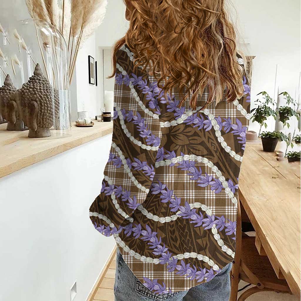 Brown Hawaii Palaka Honohono Pikake Women Casual Shirt Hawaiian Orchid Lei Polynesian Pattern - Polynesian Pride