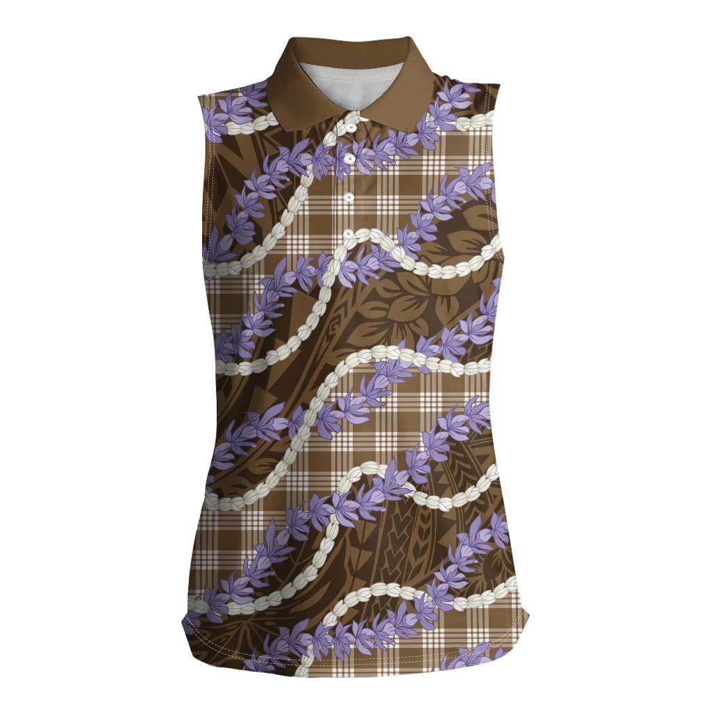 Brown Hawaii Palaka Honohono Pikake Women Sleeveless Polo Shirt Hawaiian Orchid Lei Polynesian Pattern - Polynesian Pride