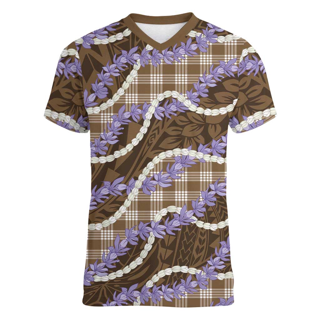 Brown Hawaii Palaka Honohono Pikake Women V-Neck T-Shirt Hawaiian Orchid Lei Polynesian Pattern LT14 Female Brown - Polynesian Pride