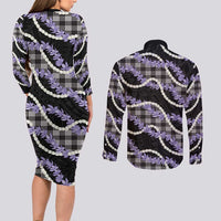 Black Hawaii Palaka Honohono Pikake Couples Matching Long Sleeve Bodycon Dress and Long Sleeve Button Shirt Hawaiian Orchid Lei Polynesian Pattern - Polynesian Pride