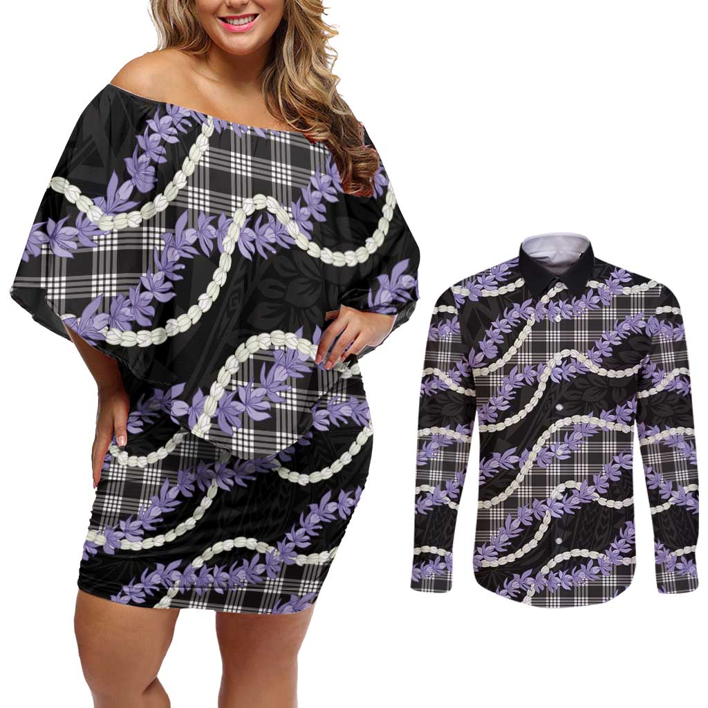 Black Hawaii Palaka Honohono Pikake Couples Matching Off Shoulder Short Dress and Long Sleeve Button Shirt Hawaiian Orchid Lei Polynesian Pattern - Polynesian Pride