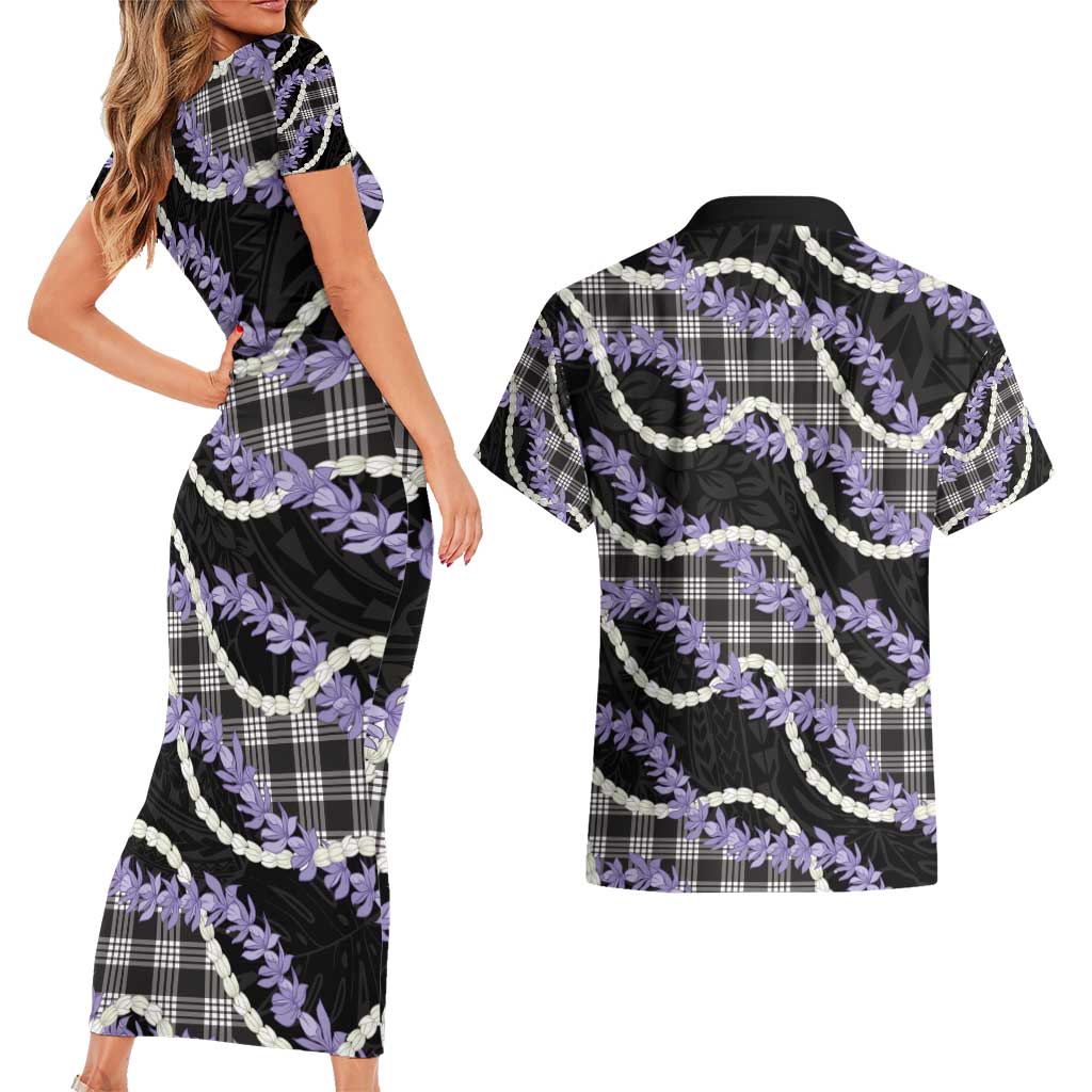Black Hawaii Palaka Honohono Pikake Couples Matching Short Sleeve Bodycon Dress and Hawaiian Shirt Hawaiian Orchid Lei Polynesian Pattern - Polynesian Pride