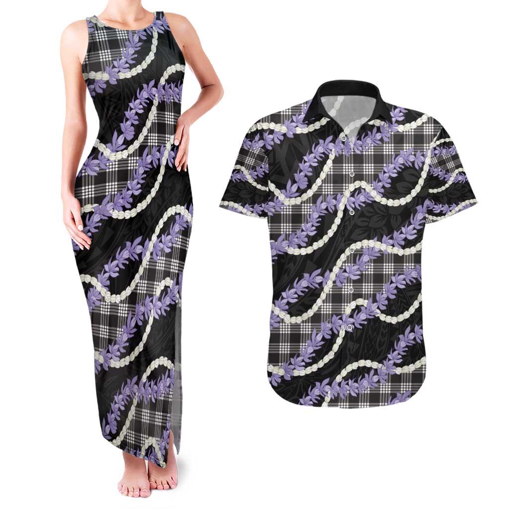 Black Hawaii Palaka Honohono Pikake Couples Matching Tank Maxi Dress and Hawaiian Shirt Hawaiian Orchid Lei Polynesian Pattern - Polynesian Pride
