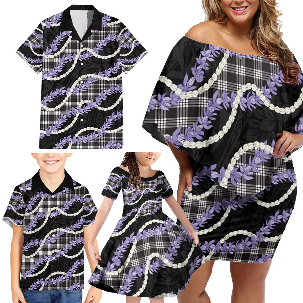 Black Hawaii Palaka Honohono Pikake Family Matching Off Shoulder Short Dress and Hawaiian Shirt Hawaiian Orchid Lei Polynesian Pattern - Polynesian Pride