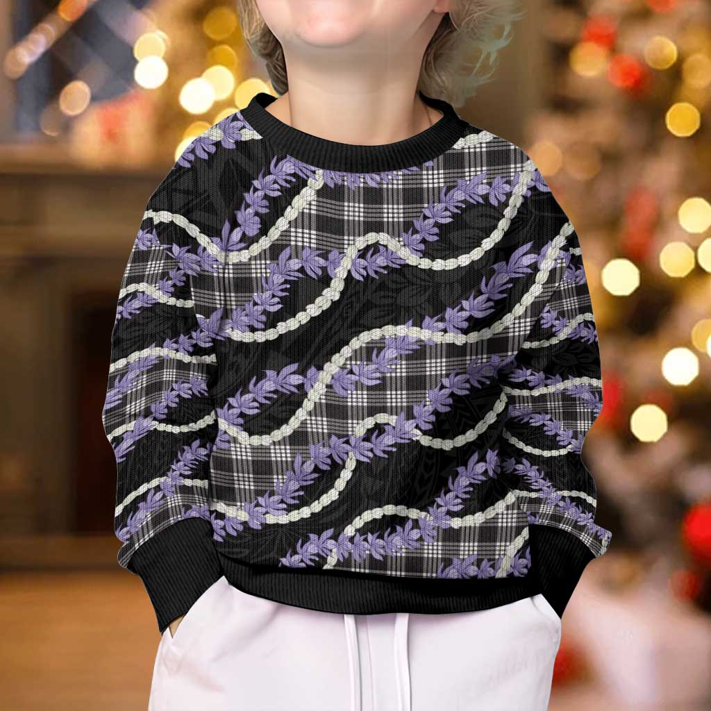 Black Hawaii Palaka Honohono Pikake Kid Ugly Christmas Sweater Hawaiian Orchid Lei Polynesian Pattern - Polynesian Pride