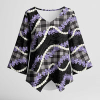 Black Hawaii Palaka Honohono Pikake Kimono Sleeve Blouse Hawaiian Orchid Lei Polynesian Pattern - Polynesian Pride