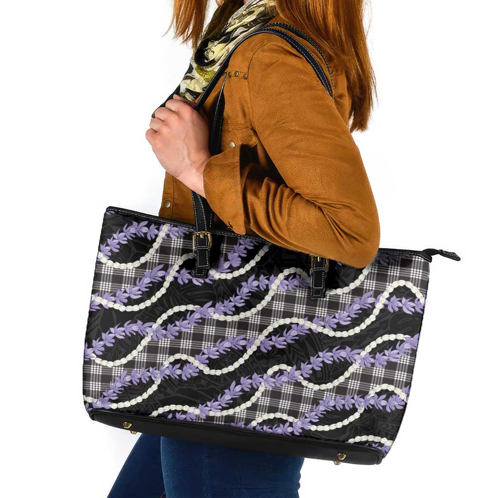 Black Hawaii Palaka Honohono Pikake Leather Tote Bag Hawaiian Orchid Lei Polynesian Pattern - Polynesian Pride
