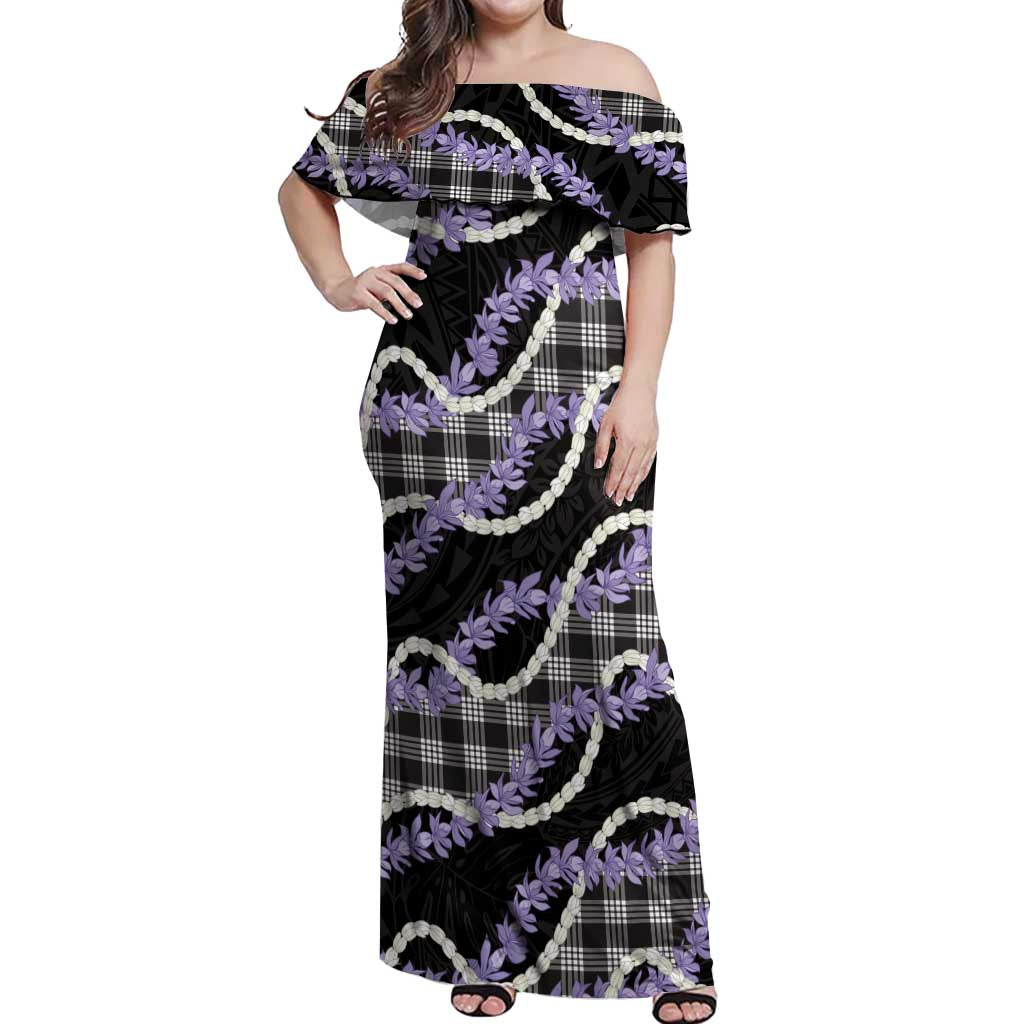 Black Hawaii Palaka Honohono Pikake Off Shoulder Maxi Dress Hawaiian Orchid Lei Polynesian Pattern - Polynesian Pride