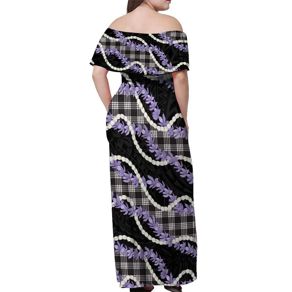 Black Hawaii Palaka Honohono Pikake Off Shoulder Maxi Dress Hawaiian Orchid Lei Polynesian Pattern - Polynesian Pride