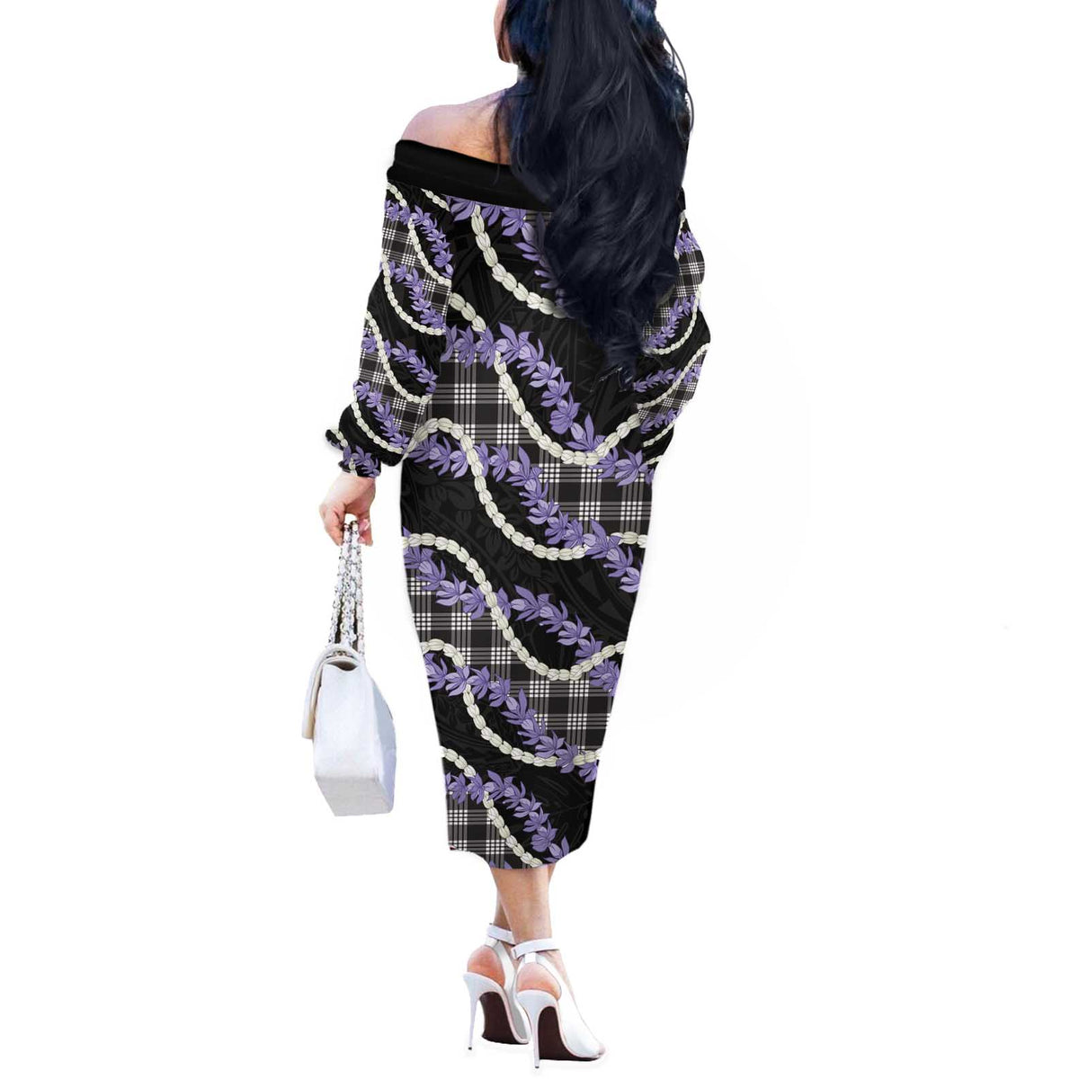 Black Hawaii Palaka Honohono Pikake Off The Shoulder Long Sleeve Dress Hawaiian Orchid Lei Polynesian Pattern - Polynesian Pride