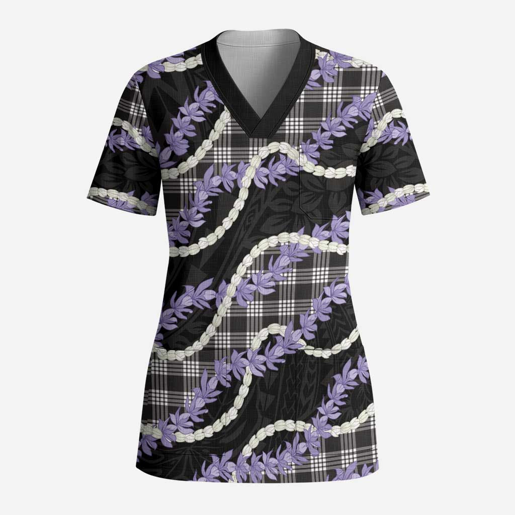 Black Hawaii Palaka Honohono Pikake Scrub Top Hawaiian Orchid Lei Polynesian Pattern LT14 Adult Black - Polynesian Pride