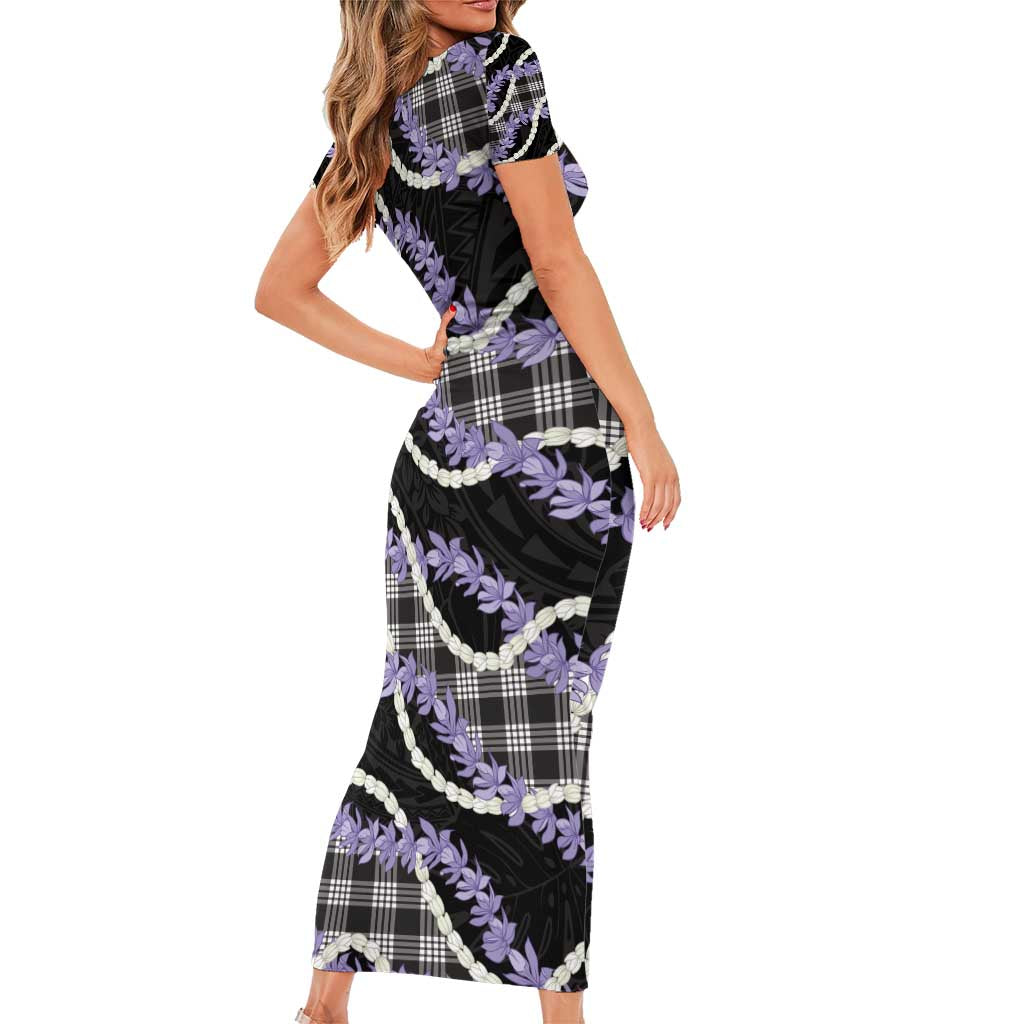 Black Hawaii Palaka Honohono Pikake Short Sleeve Bodycon Dress Hawaiian Orchid Lei Polynesian Pattern - Polynesian Pride