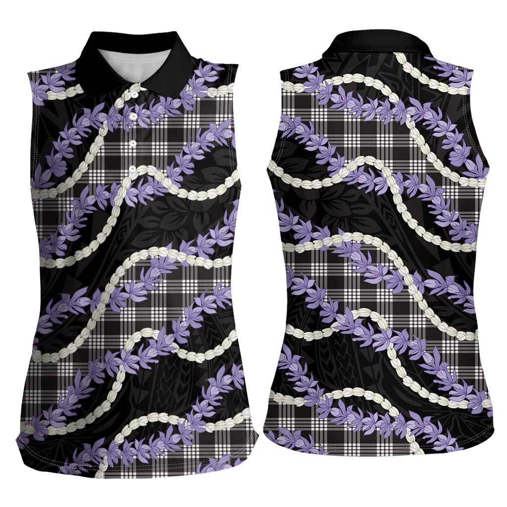 Black Hawaii Palaka Honohono Pikake Women Sleeveless Polo Shirt Hawaiian Orchid Lei Polynesian Pattern - Polynesian Pride
