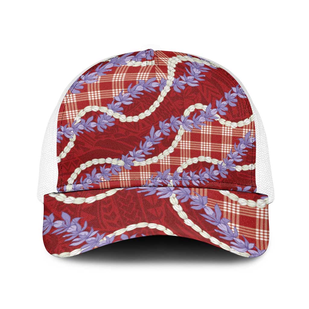 Red Hawaii Palaka Honohono Pikake Baseball Net Cap Hawaiian Orchid Lei Polynesian Pattern - Polynesian Pride