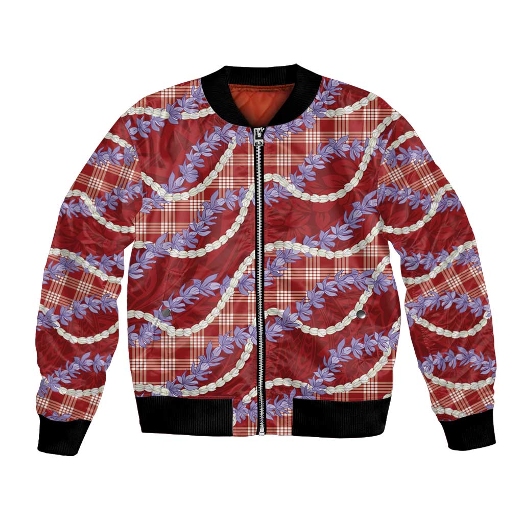 Red Hawaii Palaka Honohono Pikake Bomber Jacket Hawaiian Orchid Lei Polynesian Pattern LT14 Unisex Red - Polynesian Pride