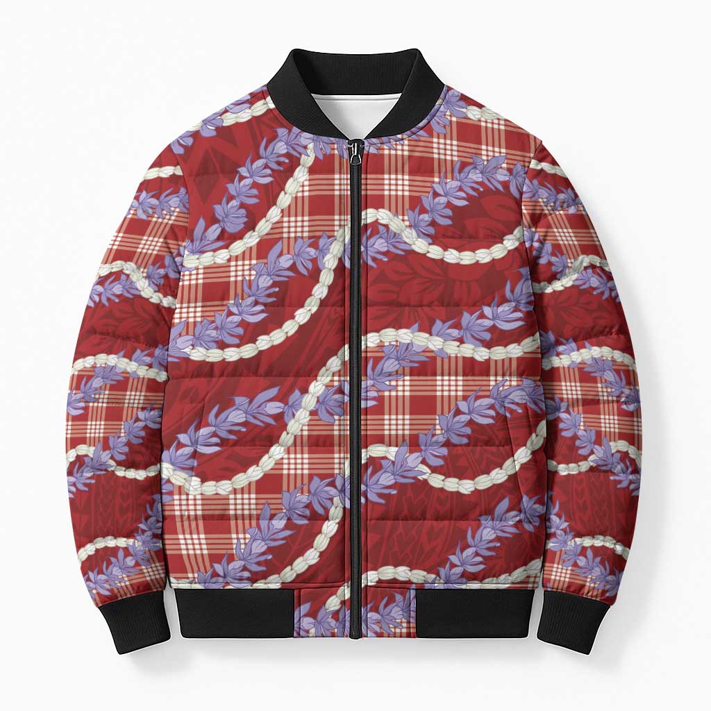 Red Hawaii Palaka Honohono Pikake Bomber Puffer Jacket Hawaiian Orchid Lei Polynesian Pattern LT14 Unisex Red - Polynesian Pride