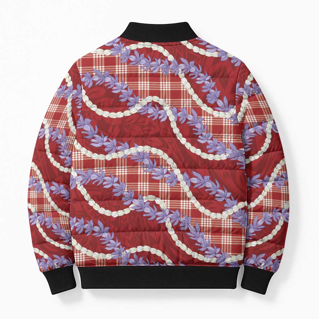 Red Hawaii Palaka Honohono Pikake Bomber Puffer Jacket Hawaiian Orchid Lei Polynesian Pattern - Polynesian Pride