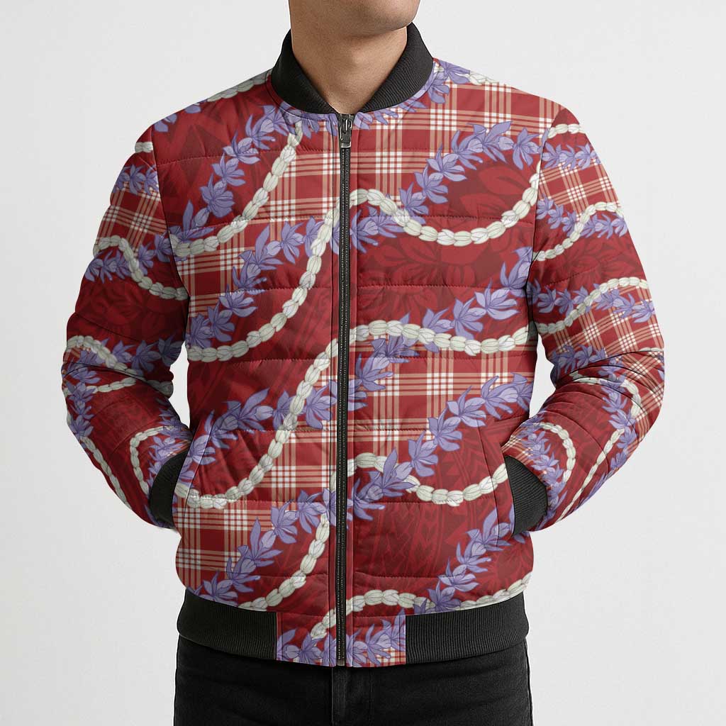 Red Hawaii Palaka Honohono Pikake Bomber Puffer Jacket Hawaiian Orchid Lei Polynesian Pattern - Polynesian Pride