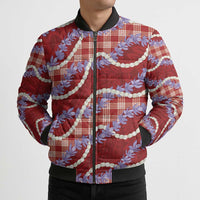Red Hawaii Palaka Honohono Pikake Bomber Puffer Jacket Hawaiian Orchid Lei Polynesian Pattern - Polynesian Pride