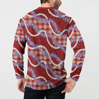 Red Hawaii Palaka Honohono Pikake Button Sweatshirt Hawaiian Orchid Lei Polynesian Pattern - Polynesian Pride