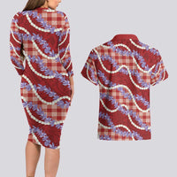 Red Hawaii Palaka Honohono Pikake Couples Matching Long Sleeve Bodycon Dress and Hawaiian Shirt Hawaiian Orchid Lei Polynesian Pattern - Polynesian Pride