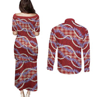 Red Hawaii Palaka Honohono Pikake Couples Matching Puletasi and Long Sleeve Button Shirt Hawaiian Orchid Lei Polynesian Pattern - Polynesian Pride
