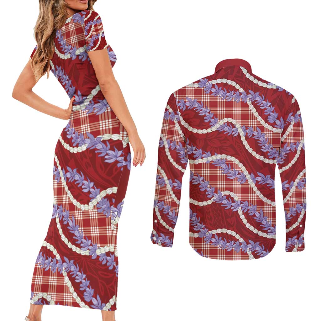 Red Hawaii Palaka Honohono Pikake Couples Matching Short Sleeve Bodycon Dress and Long Sleeve Button Shirt Hawaiian Orchid Lei Polynesian Pattern - Polynesian Pride