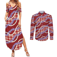 Red Hawaii Palaka Honohono Pikake Couples Matching Summer Maxi Dress and Long Sleeve Button Shirt Hawaiian Orchid Lei Polynesian Pattern - Polynesian Pride