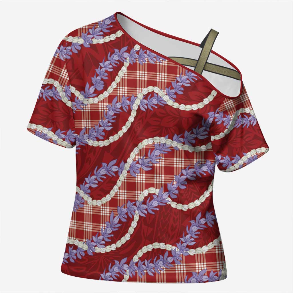 Red Hawaii Palaka Honohono Pikake Cross Shoulder Shirt Hawaiian Orchid Lei Polynesian Pattern LT14 Female Red - Polynesian Pride