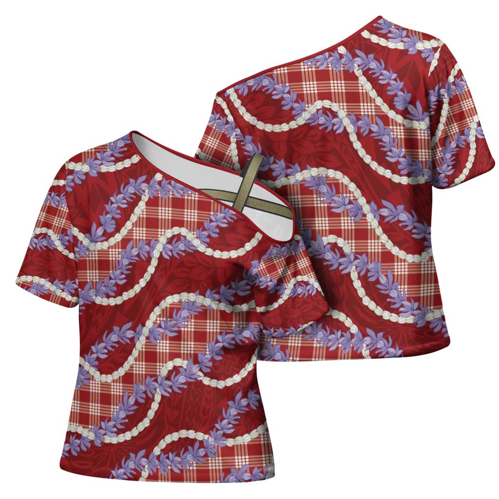 Red Hawaii Palaka Honohono Pikake Cross Shoulder Shirt Hawaiian Orchid Lei Polynesian Pattern - Polynesian Pride