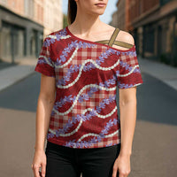 Red Hawaii Palaka Honohono Pikake Cross Shoulder Shirt Hawaiian Orchid Lei Polynesian Pattern - Polynesian Pride