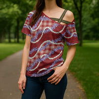 Red Hawaii Palaka Honohono Pikake Cross Shoulder Shirt Hawaiian Orchid Lei Polynesian Pattern - Polynesian Pride