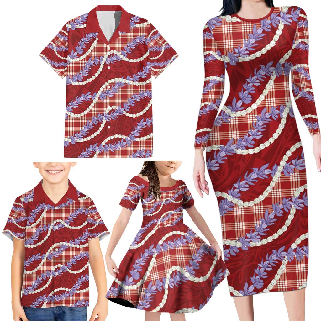 Red Hawaii Palaka Honohono Pikake Family Matching Long Sleeve Bodycon Dress and Hawaiian Shirt Hawaiian Orchid Lei Polynesian Pattern - Polynesian Pride