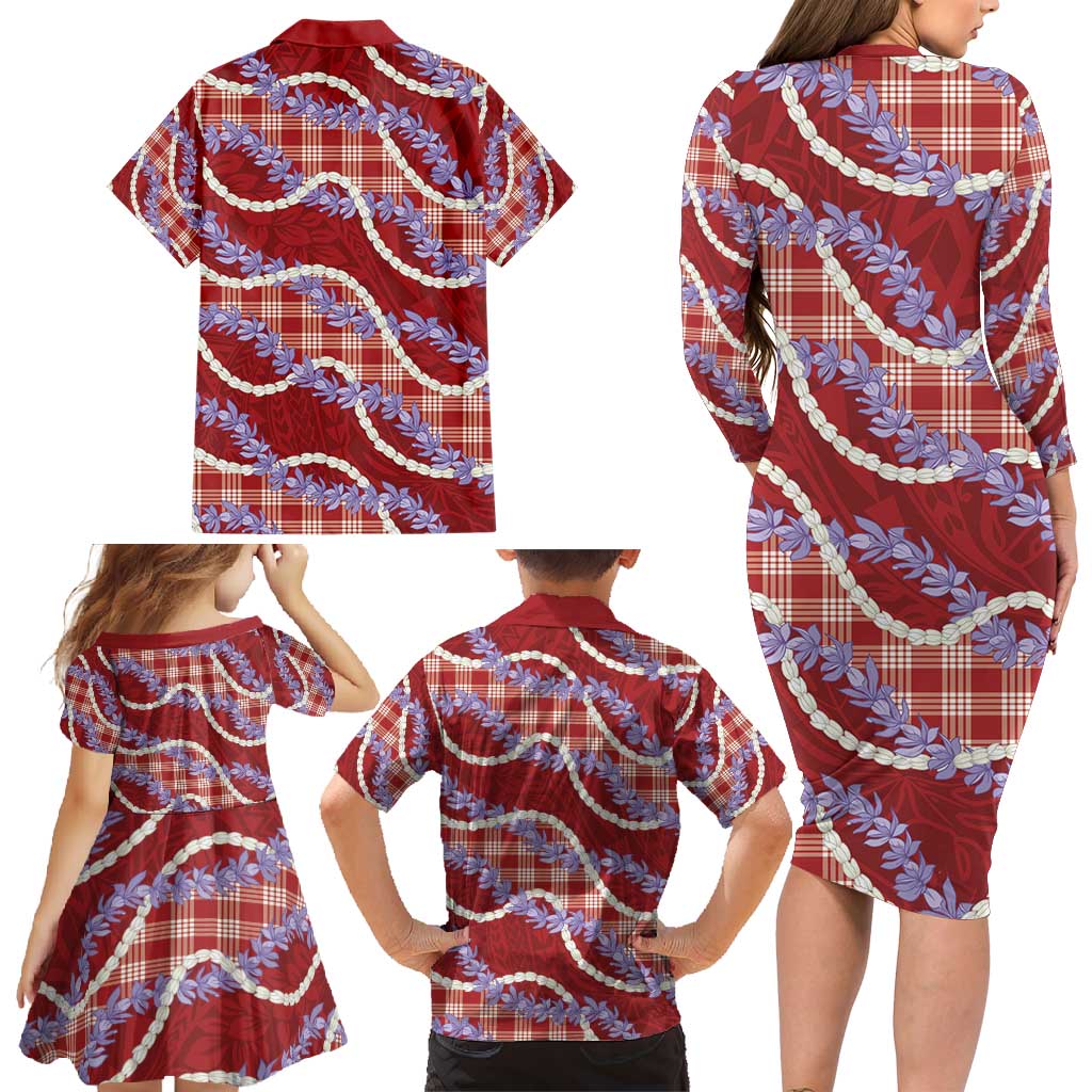 Red Hawaii Palaka Honohono Pikake Family Matching Long Sleeve Bodycon Dress and Hawaiian Shirt Hawaiian Orchid Lei Polynesian Pattern - Polynesian Pride