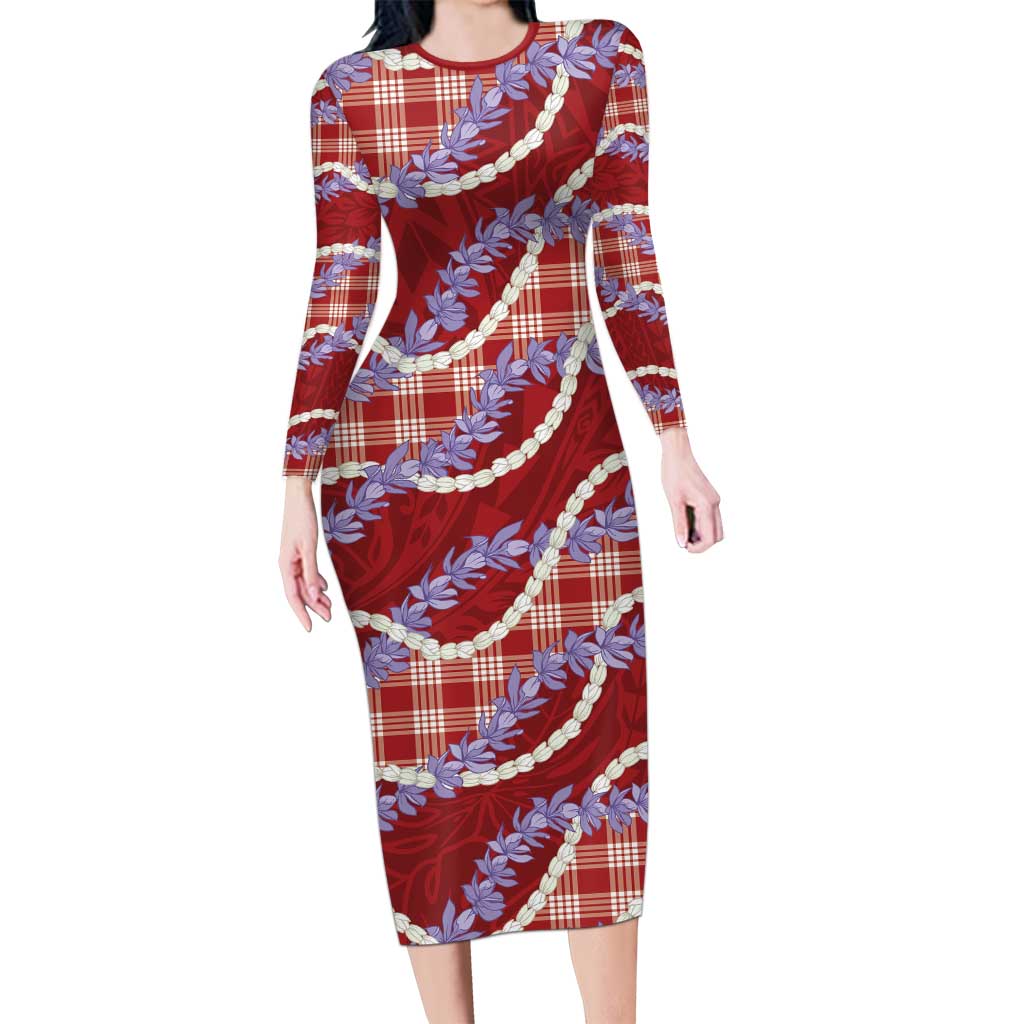 Red Hawaii Palaka Honohono Pikake Family Matching Long Sleeve Bodycon Dress and Hawaiian Shirt Hawaiian Orchid Lei Polynesian Pattern - Polynesian Pride