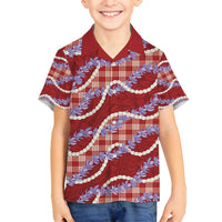 Red Hawaii Palaka Honohono Pikake Family Matching Long Sleeve Bodycon Dress and Hawaiian Shirt Hawaiian Orchid Lei Polynesian Pattern - Polynesian Pride