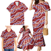 Red Hawaii Palaka Honohono Pikake Family Matching Mermaid Dress and Hawaiian Shirt Hawaiian Orchid Lei Polynesian Pattern - Polynesian Pride