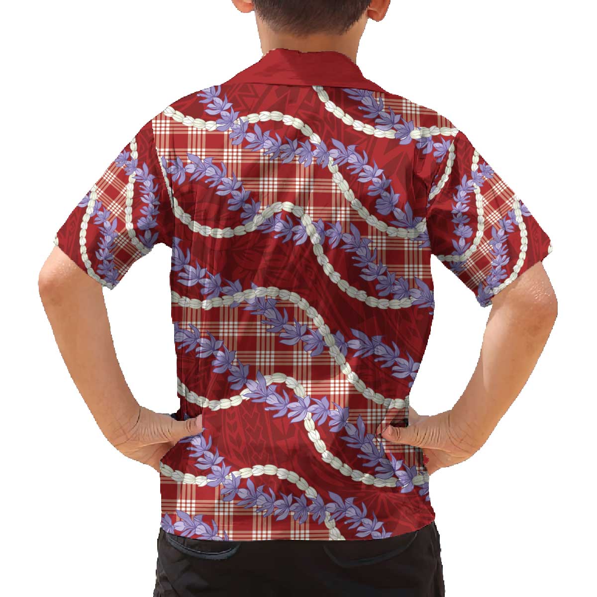 Red Hawaii Palaka Honohono Pikake Family Matching Off The Shoulder Long Sleeve Dress and Hawaiian Shirt Hawaiian Orchid Lei Polynesian Pattern - Polynesian Pride