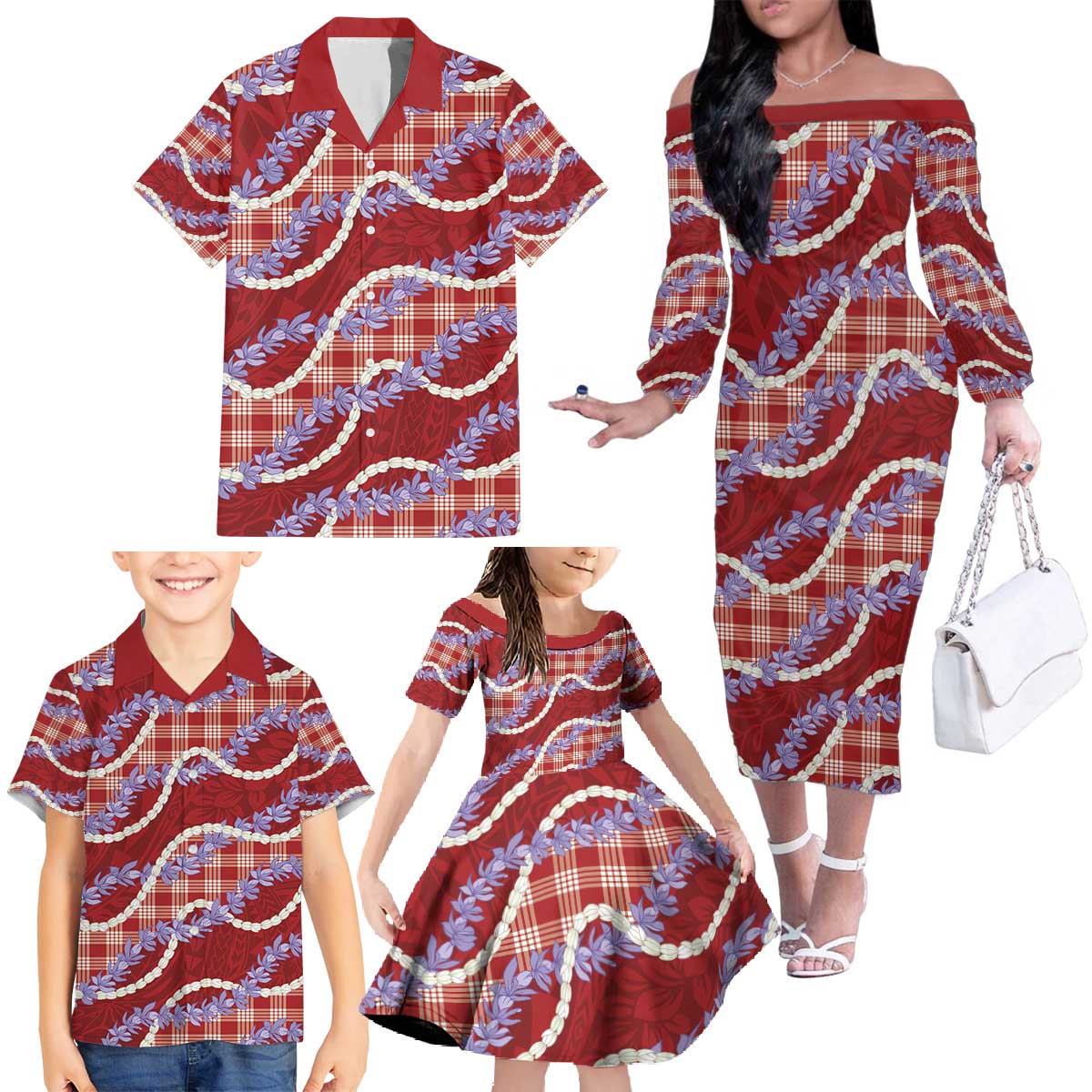Red Hawaii Palaka Honohono Pikake Family Matching Off The Shoulder Long Sleeve Dress and Hawaiian Shirt Hawaiian Orchid Lei Polynesian Pattern - Polynesian Pride