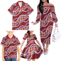 Red Hawaii Palaka Honohono Pikake Family Matching Off The Shoulder Long Sleeve Dress and Hawaiian Shirt Hawaiian Orchid Lei Polynesian Pattern - Polynesian Pride