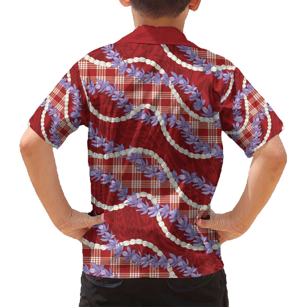 Red Hawaii Palaka Honohono Pikake Family Matching Off Shoulder Maxi Dress and Hawaiian Shirt Hawaiian Orchid Lei Polynesian Pattern - Polynesian Pride