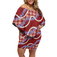 Red Hawaii Palaka Honohono Pikake Family Matching Off Shoulder Short Dress and Hawaiian Shirt Hawaiian Orchid Lei Polynesian Pattern - Polynesian Pride